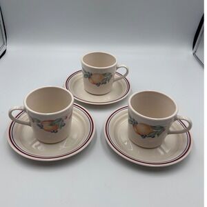 Corelle Corning Autumn Harvest Tea Cup Saucer Set 3 Fruit Peach Berry Stoneware